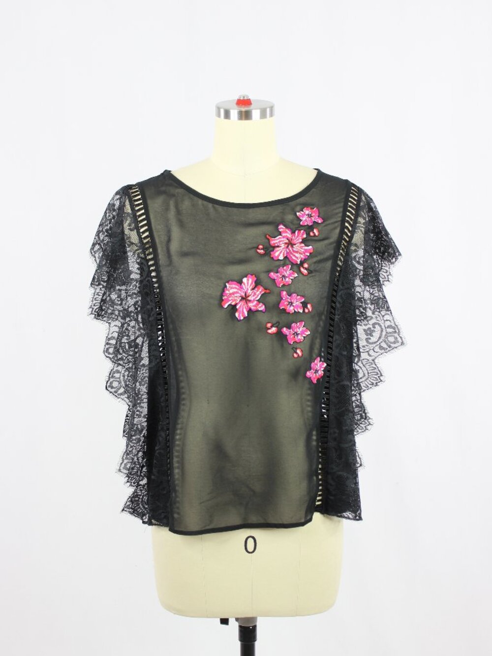 INTIMISSIMI Black Sheer Chiffon Floral Embroidered Lace Trim Blouse, Size S